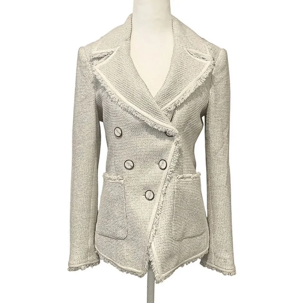Veronica Beard Carroll Tweed Blazer Jacket Size 0 White Silver Fringe Trim - Picture 2 of 12